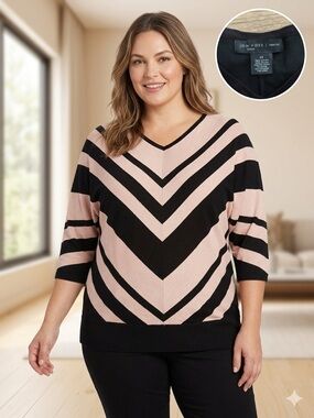 Joan Vass New York 1X Chevron Striped V-Neck Sweater Black Blush 3/4 Sleeve
